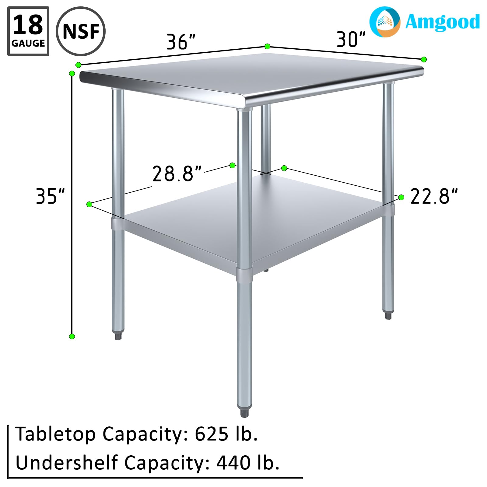 AmGood 30 in. x 36 in. Stainless Steel Table | NSF | Metal Utility